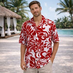 Hilo Hatties Hawaiian Shirt Red White Mens M Floral Print Island Tropical Resort